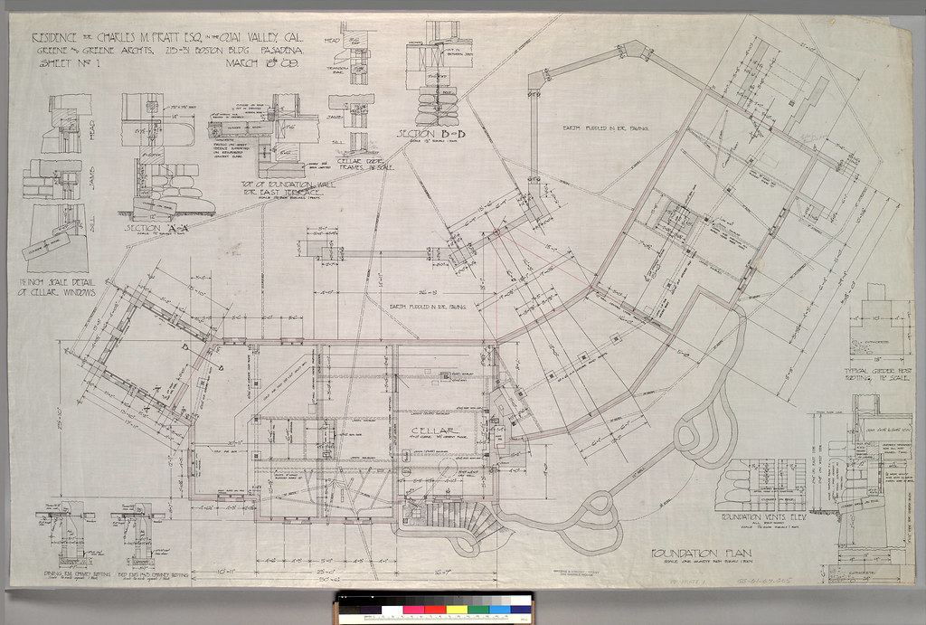 A detailed hand-drawn architectural foundation plan with measurements, sections and construction details on paper