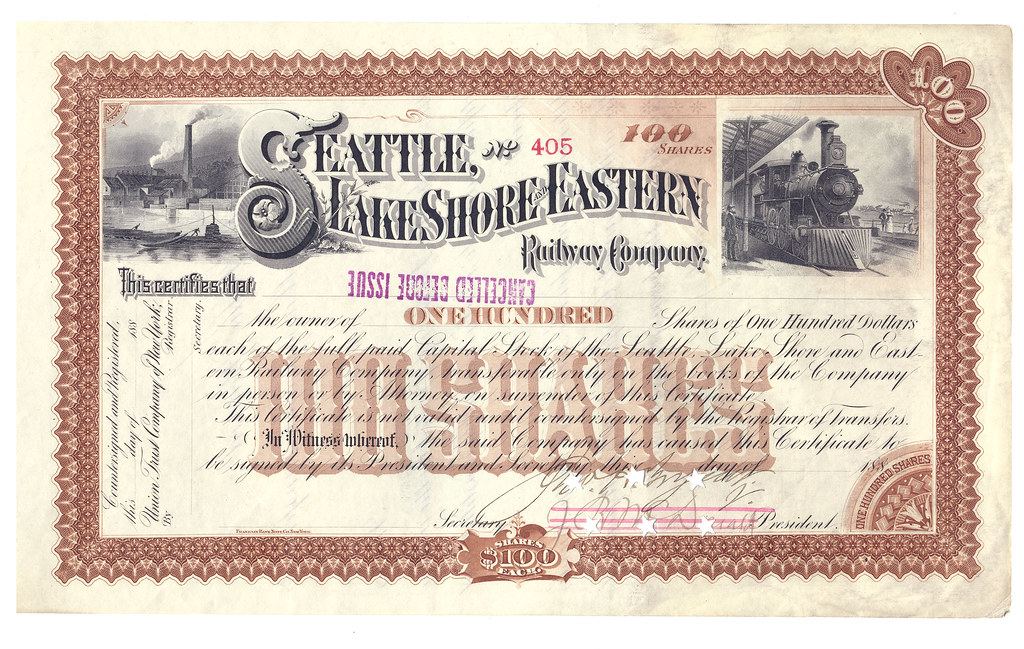 Ornate 1880s railway company stock certificate for 100 shares, with engravings of a factory and a steam locomotive