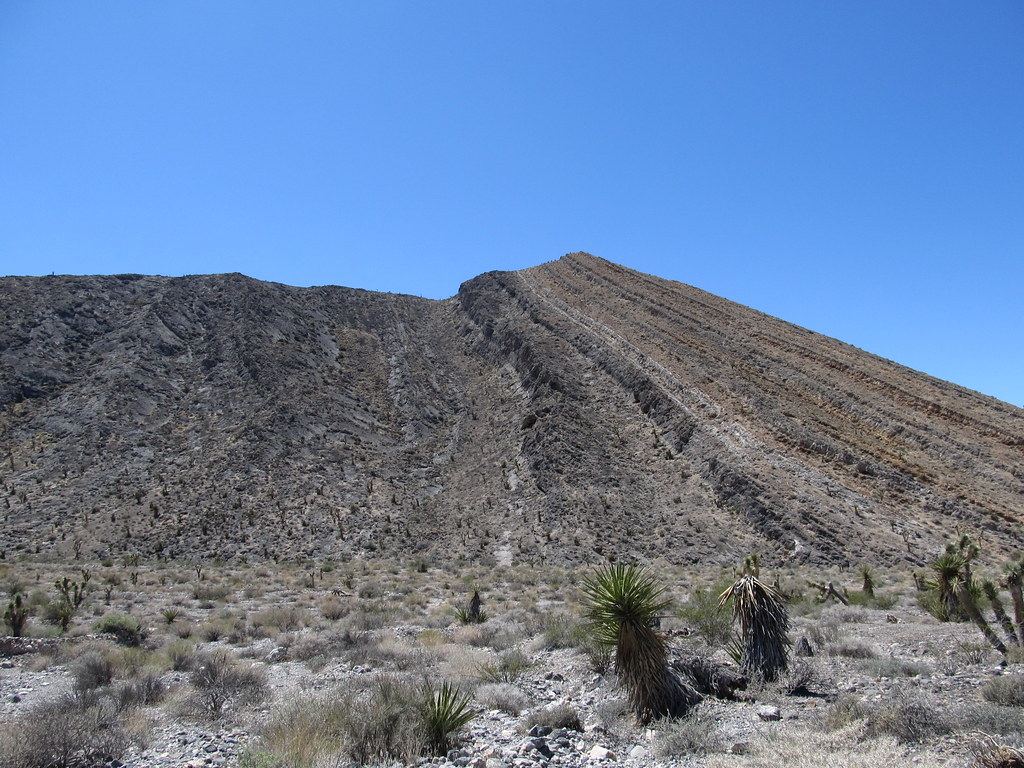 A rocky, striated desert ridge rises above scrubland dotted with yucca plants under a clear blue sky