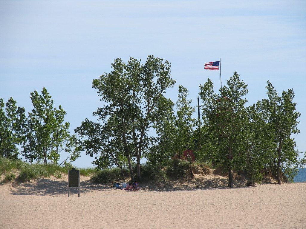 An American flag flies on a pole above green trees and grassy dunes on a sandy beach under a blue sky