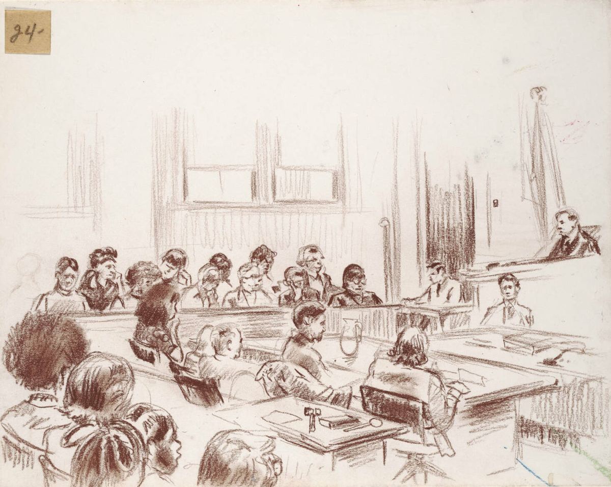 Pencil sketch of a courtroom with a judge at the bench, a seated jury and people at tables in the foreground