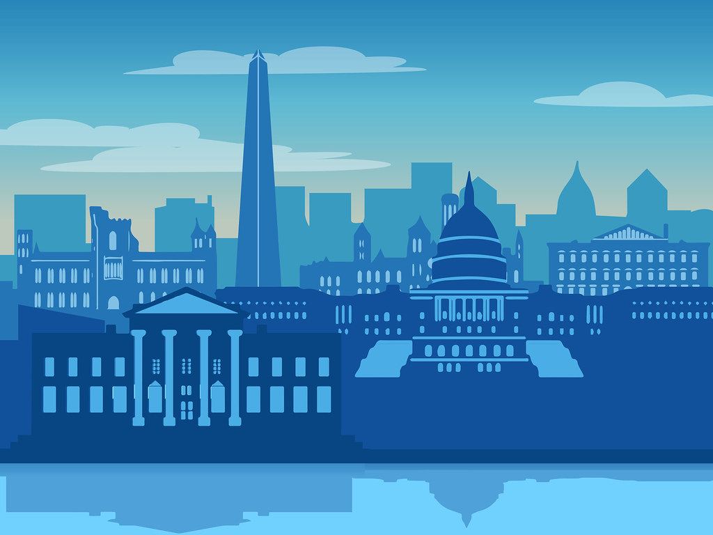 Blue illustration of the Washington, DC skyline with the Capitol dome and Washington Monument reflected in water