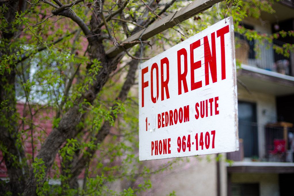 A red-and-white 'For Rent' sign advertising a bedroom suite hangs from a tree outside an apartment building