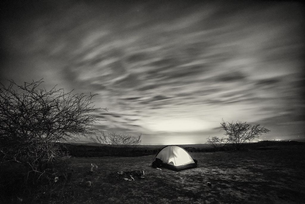 A lit dome tent sits in open scrubland beside bare shrubs under a sky of streaking clouds at night