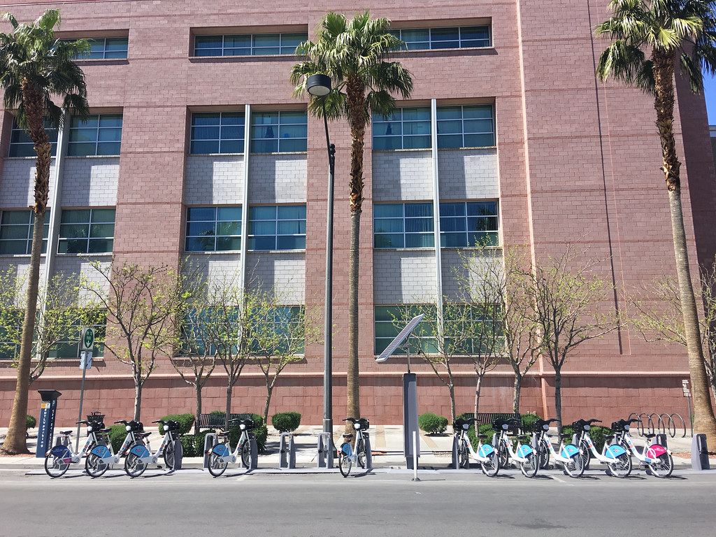 A pink multistory building lined with palm trees, with a row of bike share bicycles docked along the street