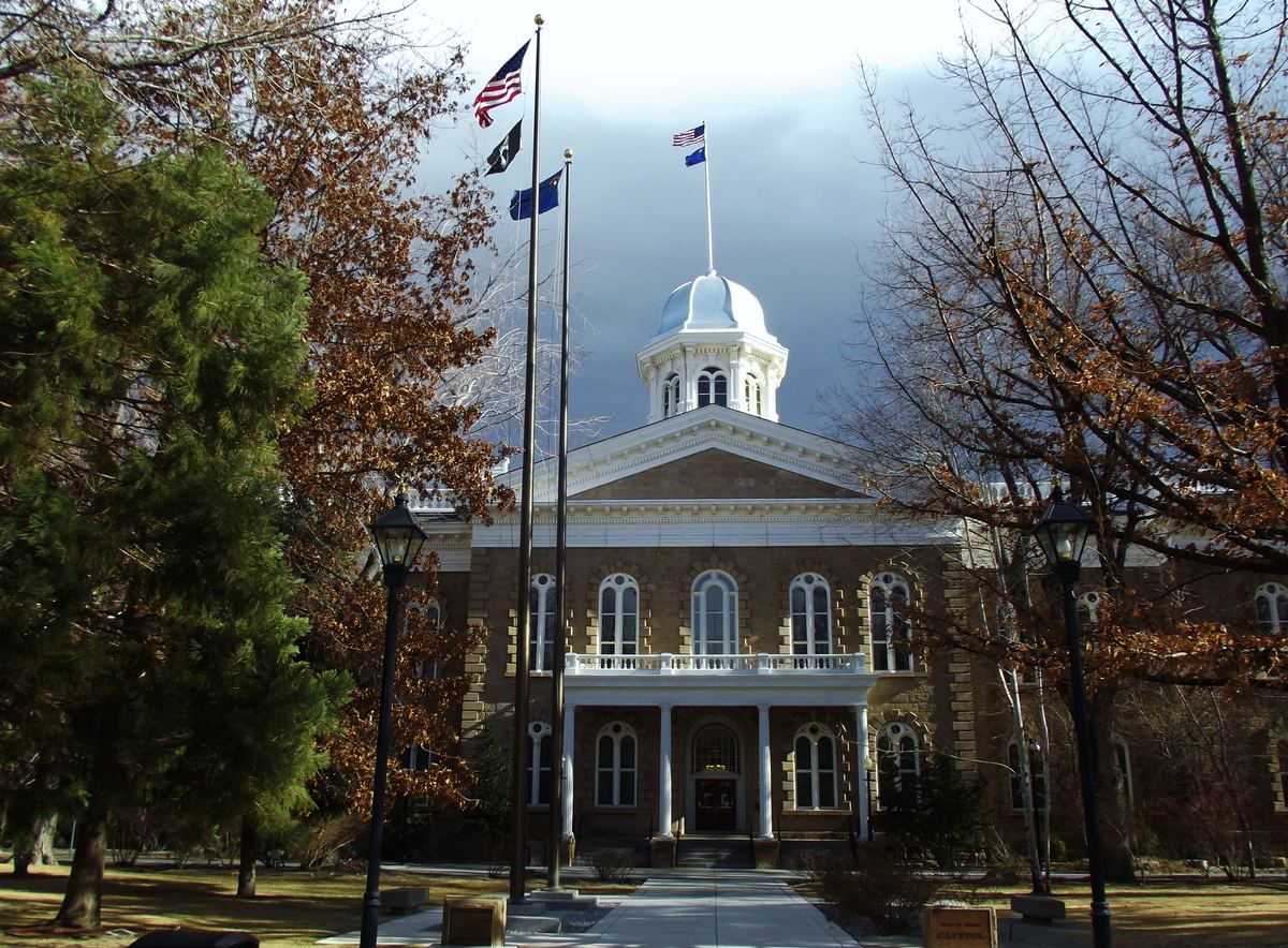 Sandstone capitol building with a silver dome and flags, framed by trees under a stormy sky
