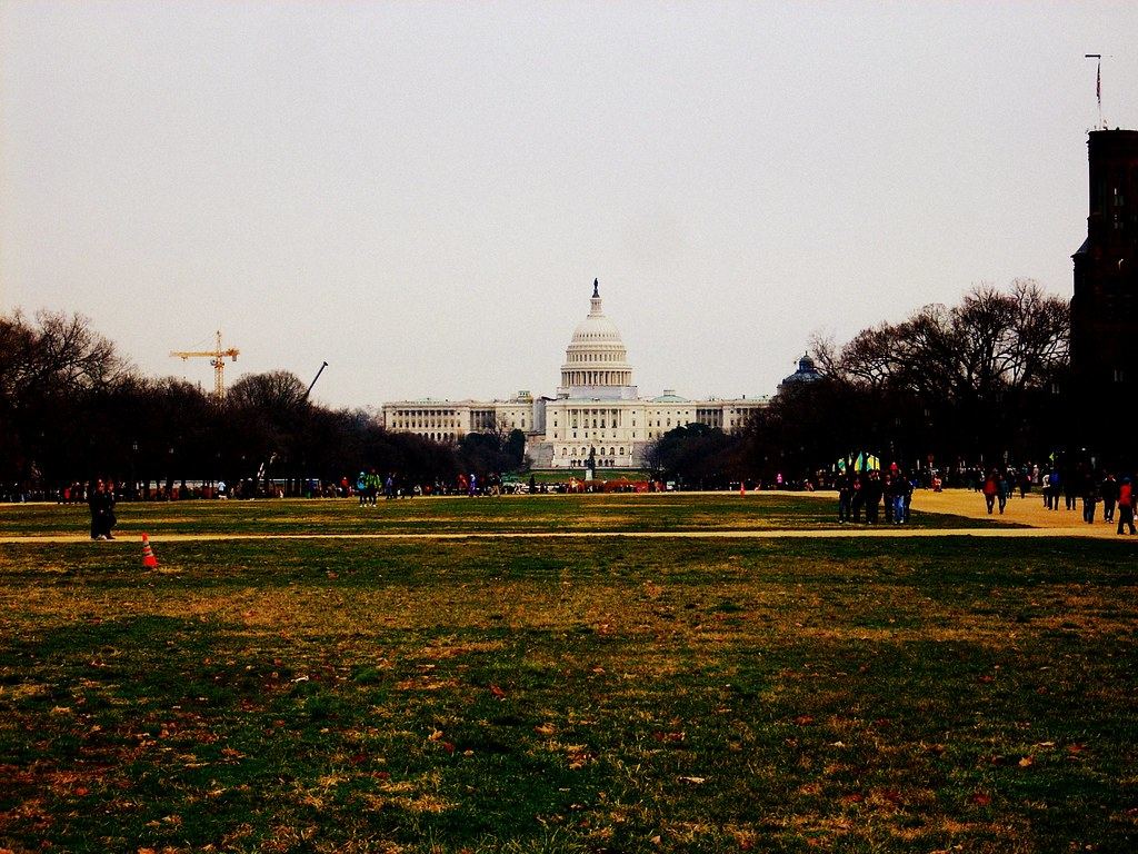 The US Capitol building seen across the grassy National Mall, with bare trees, a construction crane and people walking