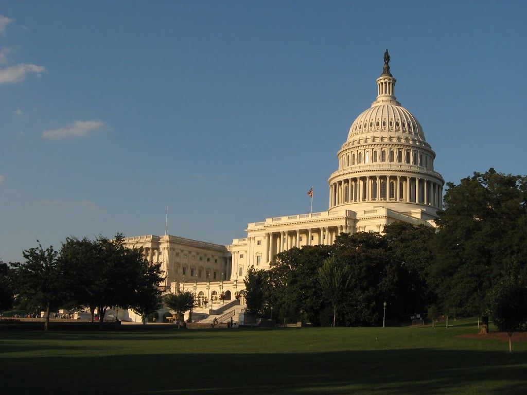 The white domed U.S. Capitol building behind trees and a green lawn under a blue sky