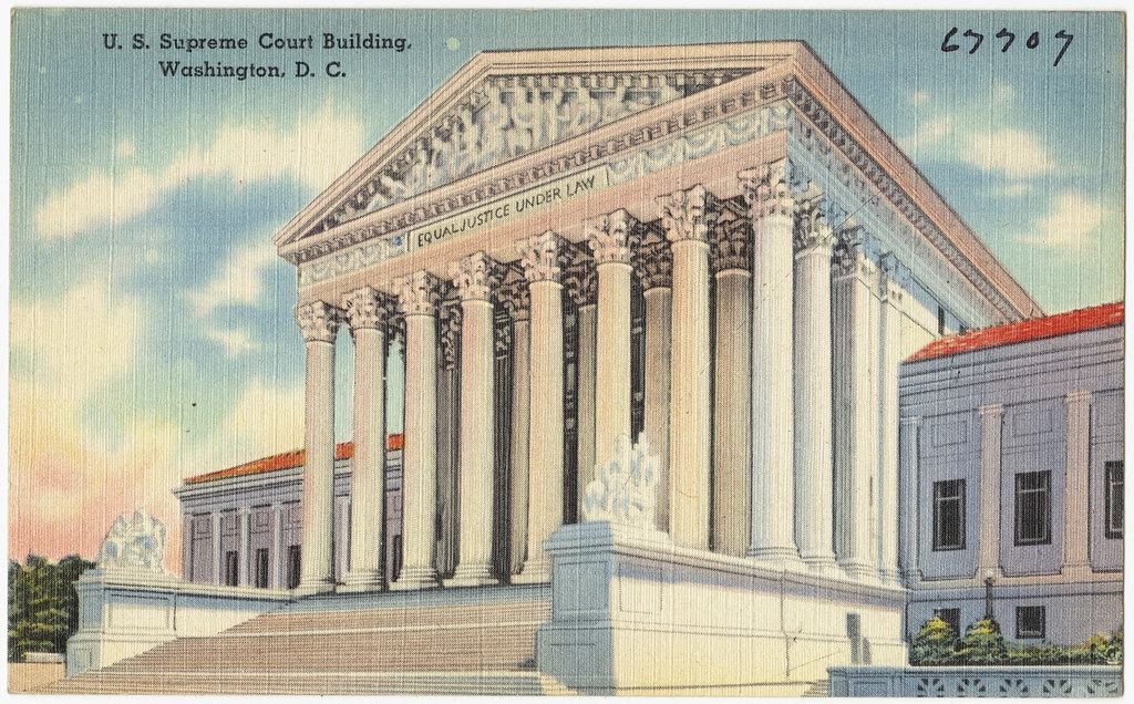 Vintage postcard illustration of the U.S. Supreme Court Building with white columns and steps under a cloudy sky