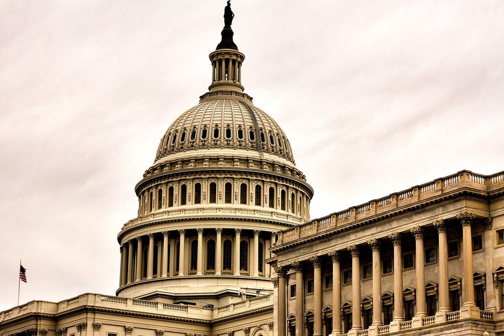 The dome of the U.S. Capitol and a columned wing of the building under an overcast sky, with a U.S. flag nearby