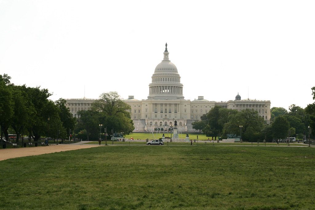 The U.S. Capitol building with its white dome, seen across a wide lawn lined with trees