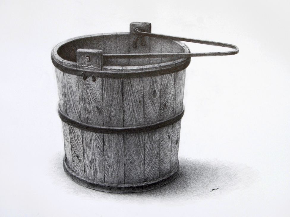 Pencil drawing of an old wooden bucket with metal bands and a curved metal handle